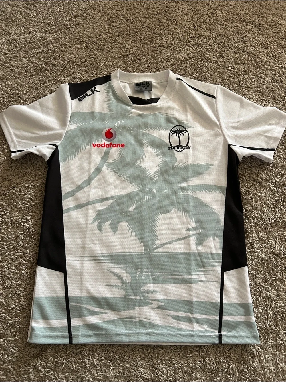 Unisex BLK Fiji Rugby Vodafone White & Light Teal Palm Print Rugby Sevens Jersey - Picture 2 of 3